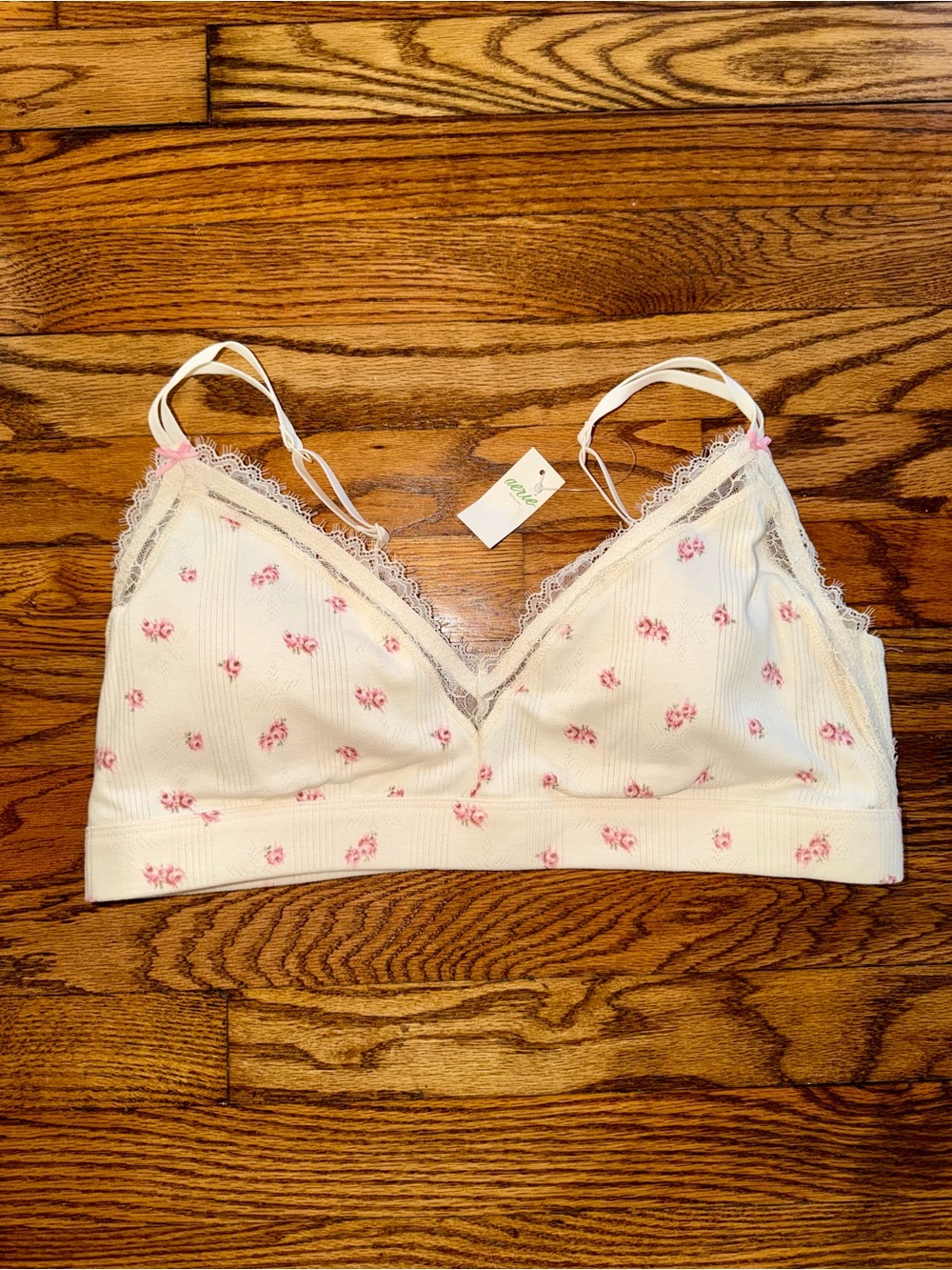 aerie | aerie White Bralette with Pink Floral Print and Lace Trim
